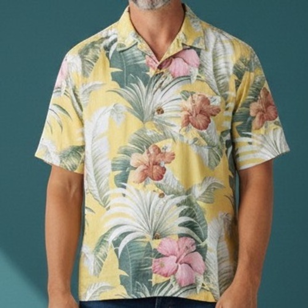 Tommy Bahama Shirt Mens L Yellow Tropical Hibiscus Floral Camp Button Up